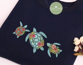 Bluza z haftem "Tropikalne Żółwie", Koszulka z Hawajskimi Kwiatami i Żółwiami dla Kobiet, Kwiecista, Plażowa Koszulka, Prezent z Natury, Prezent dla Miłośniczki Żółwi dla Niej