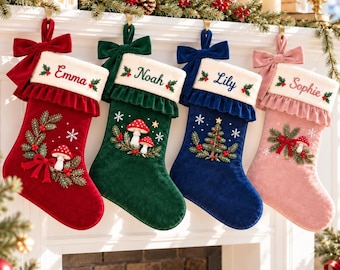 Personalized Luxury Velvet Christmas Stockings, Custom Embroidered Stocking, Woodland Mushroom Christmas  Decor, Christmas Gift