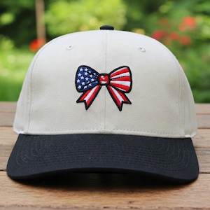 Embroidered Bow Flag USA Snapback Two Tone Cream Hat, USA Trucker Cap in Red White Blue, Cute 4th of July Hat for Women & Girls