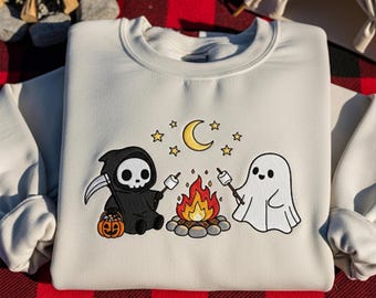 Cute Ghosts Camping Embroidered Sweatshirt, Spooky Season Outdoors Gifts, Halloween Vintage Embroidery Tshirt, Ghost Camper Hoodie Tee