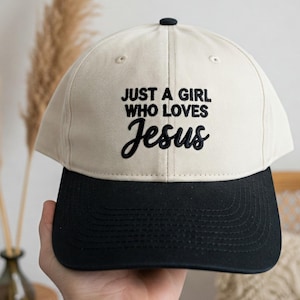 Just a Girl Who love Jesus Embroidered Snapback Two Tone Cream Hat, Custom Christian Trucker Hat, Faith Hat for Women, Religious Hat for Her