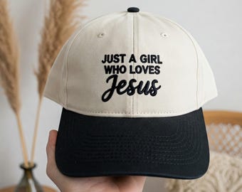 Just a Girl Who Love Jesus geborduurde snapback tweekleurige crèmekleurige hoed, aangepaste christelijke truckerhoed, Faith-hoed voor vrouwen, religieuze hoed voor haar