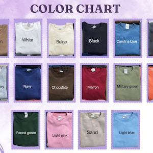 Pu&ograve; includere: Una tabella colori che mostra varie felpe girocollo in diversi colori. I colori includono marrone, bianco, beige, nero, blu Carolina, grigio, grigio sportivo, blu navy, cioccolato, marrone, verde militare, arancione, verde foresta, rosa chiaro, sabbia e azzurro.