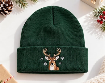 Christmas Deer Embroidered Beanie, Whitetail Buck Winter Knit Hat, Woodland Deer Snowflake Cuffed Beanie, Hunter Christmas Gift