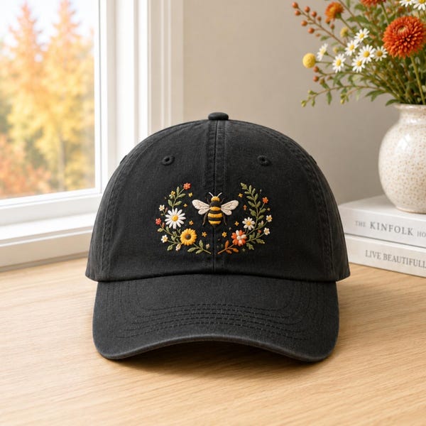Bee Embroidered Baseball Cap, Wildflower Bee Cap, Cottagecore Nature Hat, Beekeeper Gift