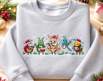 Christmas Woodland Bugs Embroidered Sweatshirt, Insect Band Crewneck, Ladybug Moth Dragonfly Bee Music Shirt, Christmas Gift