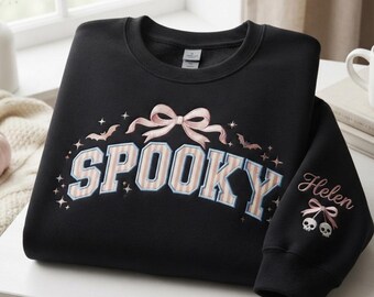 Personalized Coquette Spooky Embroidered Sweatshirt, Halloween Bow Crewneck, Spooky Season Gift