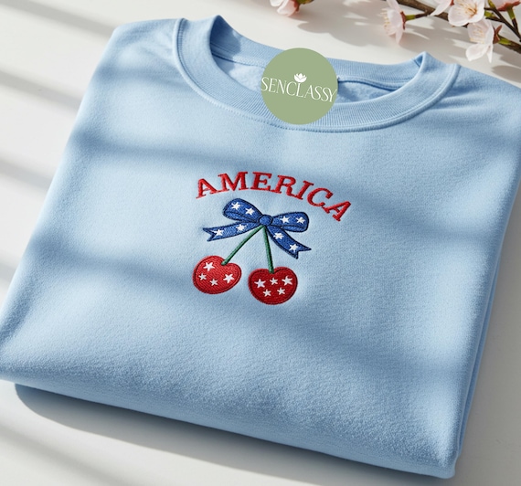 Coquette 4th of July Embroidered Sweatshirt, Cherry USA Bow Shirt, Cute Patriotic Girl Crewneck, Independence Day Outfit for Women