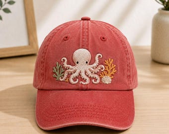 Octopus Embroidered Baseball Hat, Ocean Animal Dad Cap, Marine Life Gift
