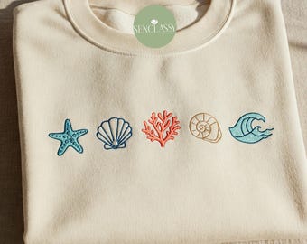 Sea Shells Embroidered Crewneck, Minimalist Beach Sweatshirt, Nautical Summer Hoodie, Coastal Ocean Lover Shirt, Surf Style Vacation Gift