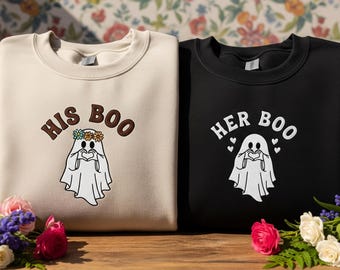 Sudadera fantasma de pareja de Halloween, camisa bordada para él y para ella, sudadera espeluznante a juego, lindo disfraz de pareja, regalo de otoño para él y para ella