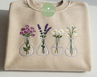Floral Chemistry Embroidered Shirt, Science Teacher Gift, Biology Lab Tech Tee, Chemist Beaker T-Shirt, Cute Scientist Embroidery Crewneck