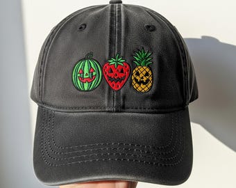 Spooky Fruits Embroidered Hat - Summerween Ghost Pineapple Cap, Tropical Halloween Dad Hat, Hot Ghoul Summer Beach Baseball Cap Gift