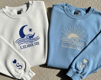Embroidered Sun and Moon Couple Hoodies, Matching His and Her Sweatshirts, Custom Roman Numerals Hoodie, Anniversary Valentine Gift
