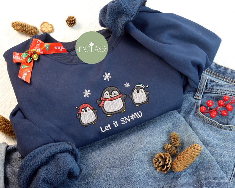 Let It Snow Penguin Embroidered Christmas Sweatshirt, Penguin Lover