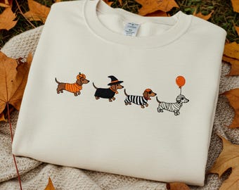 Embroidered Dachshund Halloween Sweatshirt Cute Wiener Dog Ghost Shirt Spooky Season Crewneck Fall Gift for Dog Moms Autumn Pet Lover Tee