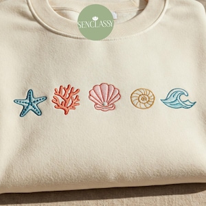 Minimalist Beach Embroidered Sweatshirt, Starfish Coral Wave Icons Crewneck, Coastal Summer Shirt, Ocean Lover Gift for Girl Trips