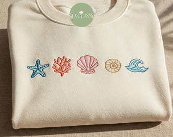 Minimalist Beach Embroidered Sweatshirt, Starfish Coral Wave Icons Crewneck, Coastal Summer Shirt, Ocean Lover Gift for Girl Trips