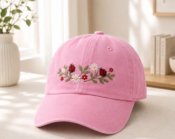 Daisy Floral Ladybug Embroidered Hat, Cottagecore Embroidery Cap, Wildflower Baseball Hat, Nature Lover Gift
