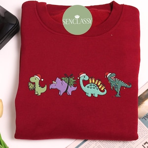 Christmas Dinosaur Embroidered Sweatshirt, Embroidered Dino Family Crewneck Sweatshirt,Adult dinosaur shirt,Dino gift, Best gifts for her