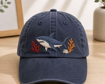White Shark Embroidered Baseball Hat, Ocean Life Hat, Marine Animal Gift, Sea Lover Washed Cap
