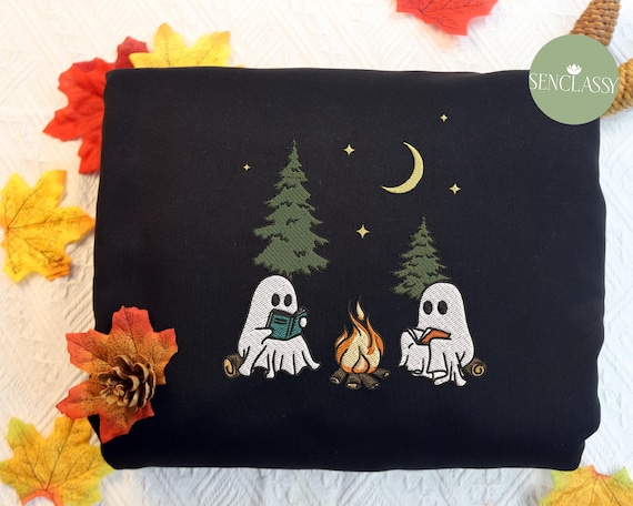 Embroidered Ghost Reading Book Shirt for Spooky Teacher Halloween, Camping Forest Halloween Ghost With Book, Campfire Ghost Tee For Women