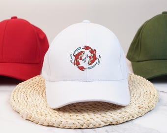 Gorra de béisbol bordada con pez koi, gorra ajustable japonesa con pez koi, gorra vintage bordada a máquina, gorra minimalista para amantes de los peces.