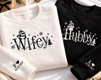 Personalized Wifey Hubby Christmas Matching Sweatshirts, Custom Embroidered Penguin Couple Crewneck, Wedding Couple Gift