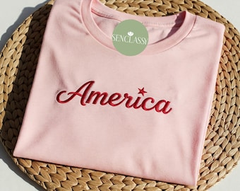 Broderad amerikansk tröja, söt patriotisk rosa USA-tröja för kvinnor, 4 juli-tröja med rund hals, minimalistisk outfit för självständighetsdagen för henne