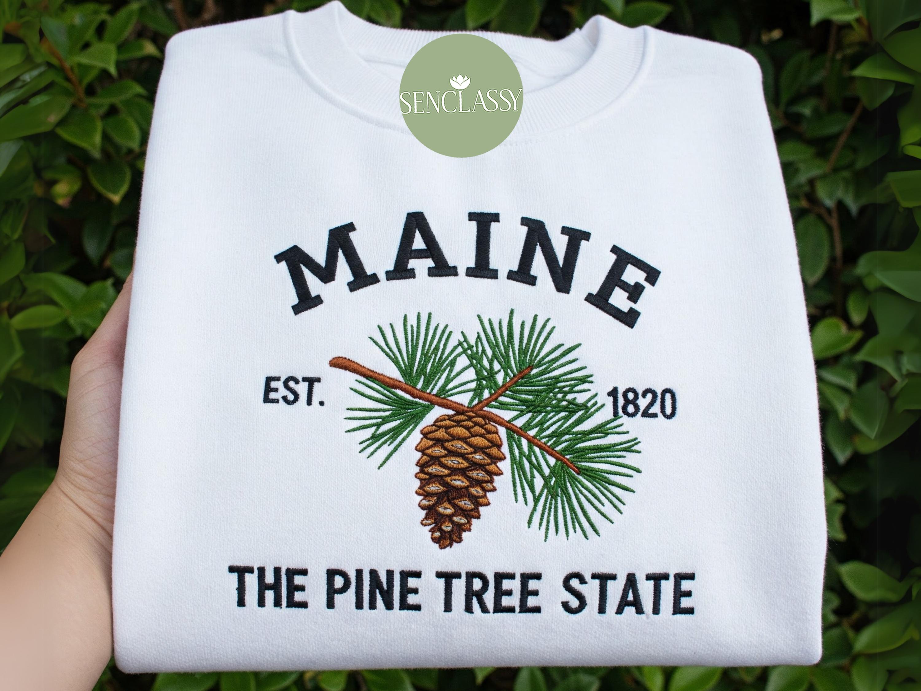 Embroidered Maine Pine Tree State Sweatshirt, Custom US State Flowers Embroidery Crewneck, Maine Est 1820 State Gift Shirt, Mother Day gift
