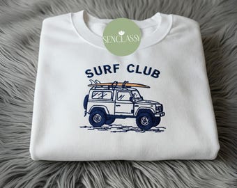 Surf Club Embroidered Sweatshirt, Surf Crewneck, Beach Hoodie, Vintage Surf Embroidery, Coastal Vibe, Summer Sweatshirt, Surf Lover Gift For