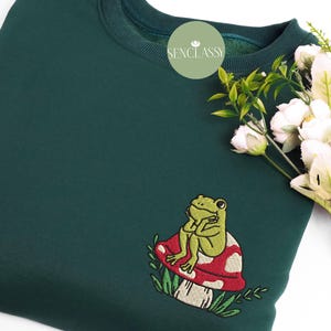 Cute Frog And Mushroom Embroidered Sweatshirt, Funny Kawaii Frog Shirt, Natural Lover Gift, Cottagecore Embroidery, Woman Clothing Mushroom