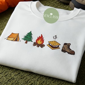 Adventure Awaits Camp Sweatshirt, Camping Trio Embroidered Crewneck, Nature Lover & Hiker Shirt, Camper Vacation Shirt, Road Trip Gift
