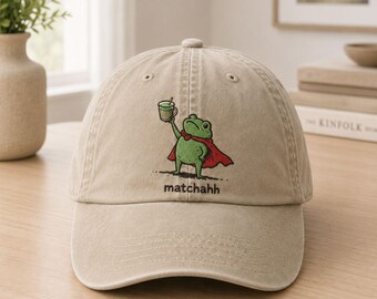 Funny Matcha Frog Embroidered Baseball Hat, Matcha Lover Dad Cap, Coffee & Tea Lover Gift