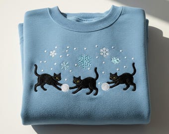 Black Cat and Snowflake Embroidered Christmas Sweatshirt | Cute Winter Cat Lover Shirt | Cozy Festive Kitty Top for Holiday Season & Gifts