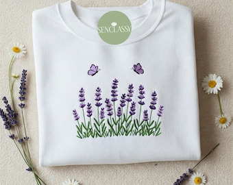 Lavendel met vlinder geborduurd sweatshirt, hoodie met wilde bloemenweide, schattig borduursel ronde hals voor haar, natuurliefhebber cadeau voor moeder