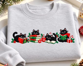Black Cat Reading Christmas Embroidered Sweatshirt, Bookish Cat Holiday Crewneck, Cozy Christmas Book Lover Gift