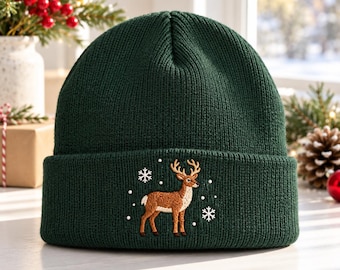 Reindeer Christmas Embroidered Beanie, Snowflake Deer Knit Hat, Woodland Animal Winter Beanie, Christmas Gift
