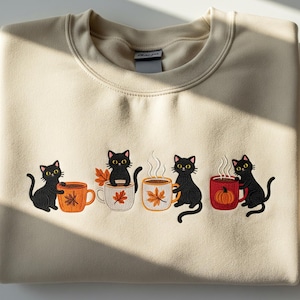 Embroidered Halloween Black Cat Sweatshirt, Pumpkin Fall Sweater, Halloween Crewneck, Cute Autumn Spooky Season, Bat Tee Top, Cat Lover Gift