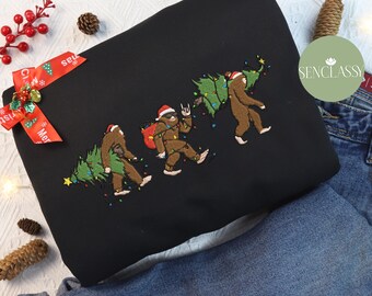 Bigfoot Christmas Tree Santa Light Embroidered Sweatshirt, Bigfoot Merry Tee Lover, Family Matching Shirt,  Holiday Sweater For Men Women