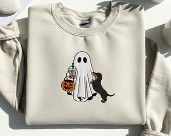 Embroidered Halloween Dachshund Sweatshirt Ghost Doxie