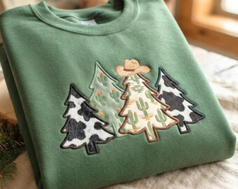 Western Christmas Tree Embroidered Sweatshirt, Cowboy Crewneck, Cowgirl Holiday Gift