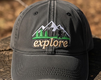 Gorra de béisbol bordada para senderismo de montaña, unisex, vintage, con texto personalizado, ajustable, ideal para acampar en el bosque, ideal como regalo para amantes de la naturaleza.