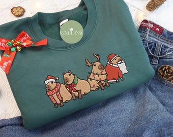 Capybara Merry Christmas Embroidered Crewneck Sweatshirt, Capybara Holiday Shirts For Women, Capybara Santa Xmas Light Sweater, Xmas Gifts