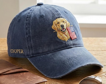 Golden Retriever USA Flag Hat – Personalized Embroidered Dog Dad Cap with Custom Name – Vintage Washed Baseball Cap for Pet Lovers Gift