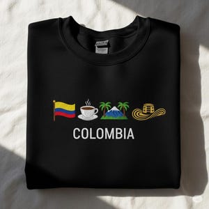 Kolumbia haftowana bluza, przytulna, czarna, Sombrero Vueltiao, Cafe Eje Cafetero, Palma de Cera, Andes Symbol ściegu Crewneck unisex