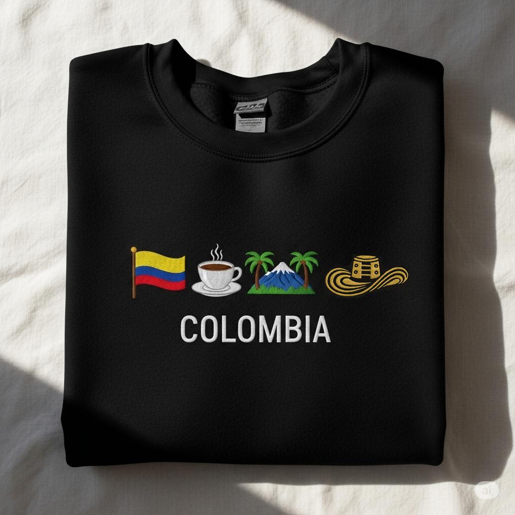Kolumbien Besticktes Sweatshirt, Gemütlich, Schwarz, Sombrero Vueltiao, Cafe Eje Cafetero, Palma de Cera, Anden Symbol Stitch Rundhalsausschnitt Unisex