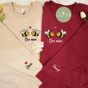 Bee Mine Valentine Embroidered Sweatshirt, Personalized Initial On Sleeve Hoodie, Special Gift For Her, Valentines Gift For Girlfriend Bf