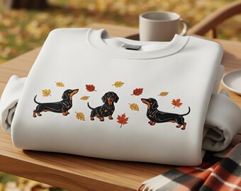 Embroidered Dachshund Fall Leave Sweatshirt Ghost Doxie T-shirt With Pumpkin Spice Latte - Spooky Season Dog Mom Fall Gift Tee for Women