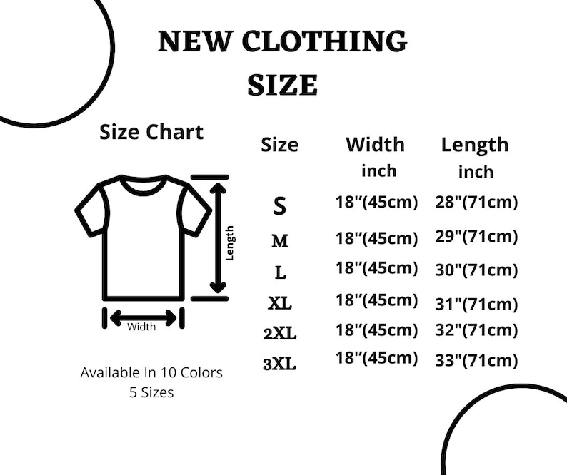 May include: A size chart for clothing with measurements in inches and centimeters. The chart shows the width and length of different sizes, from S to 3XL. The chart is available in 10 colors and 5 sizes.